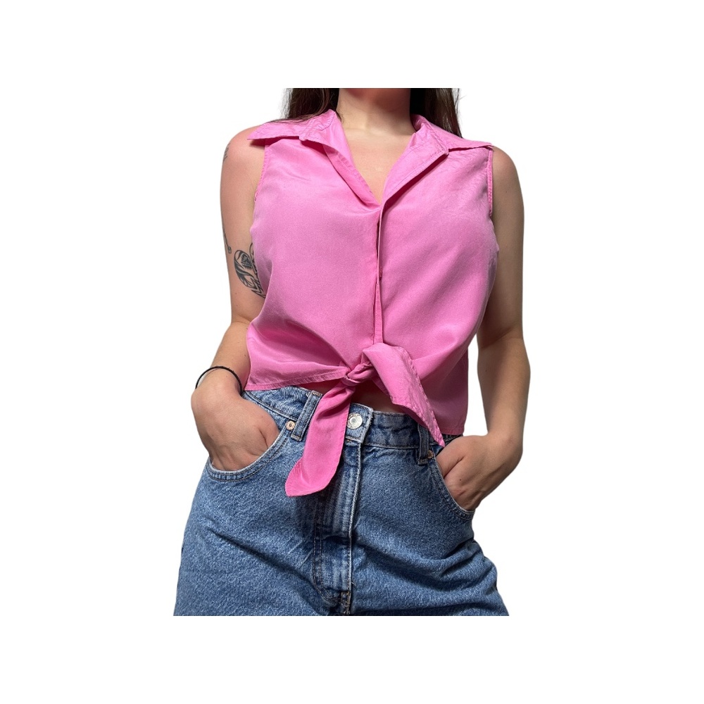 Vintage 90's Silk Barbie Pink Tie Front Sleeveless Blouse Size Large